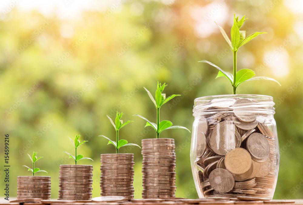 step of coins stacks with tree growing on top and coins in glass jar on table, nature background, money, saving and investment concept, over sun flare silhouette tone.