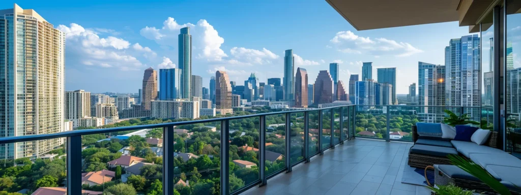 a luxurious modern condo overlooking a vibrant city skyline, symbolizing profitable real estate investments supported by whole life insurance strategies.